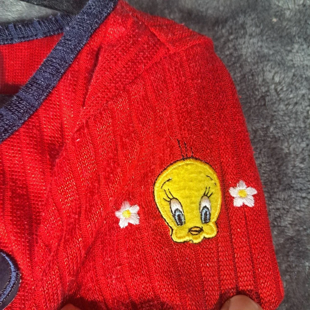 VTG‎ Looney Tunes Tweety Bird Red Ribbed Ringer Shirt Size 4 90s Cartoon Retro